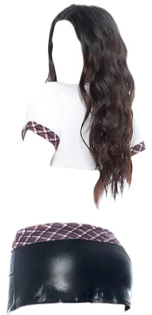 Mapale 2 pc Wetlook School Girl Costume Brown Plaid/White/Black