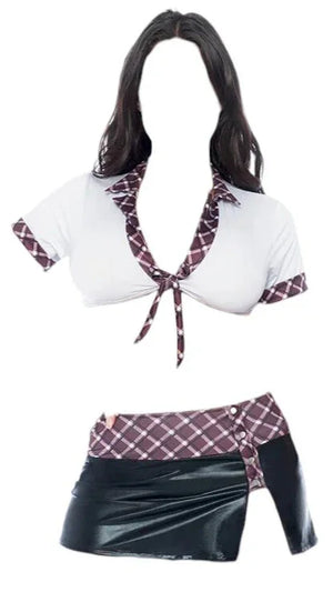 Mapale 2 pc Wetlook School Girl Costume Brown Plaid/White/Black