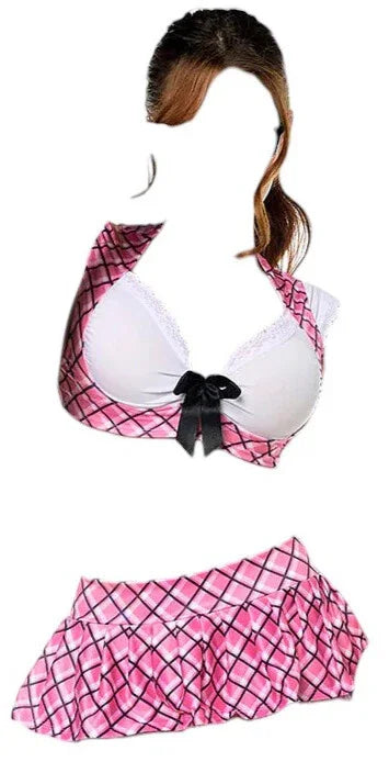 Mapale 2 pc Sexy School Girl Costume White Top with Pink Plaid Skirt