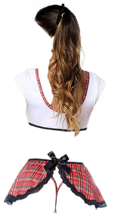 Mapale 3 pc Flirty School Girl Costume White Top with Red Plaid Skirt