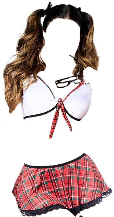 Mapale 3 pc Flirty School Girl Costume White Top with Red Plaid Skirt