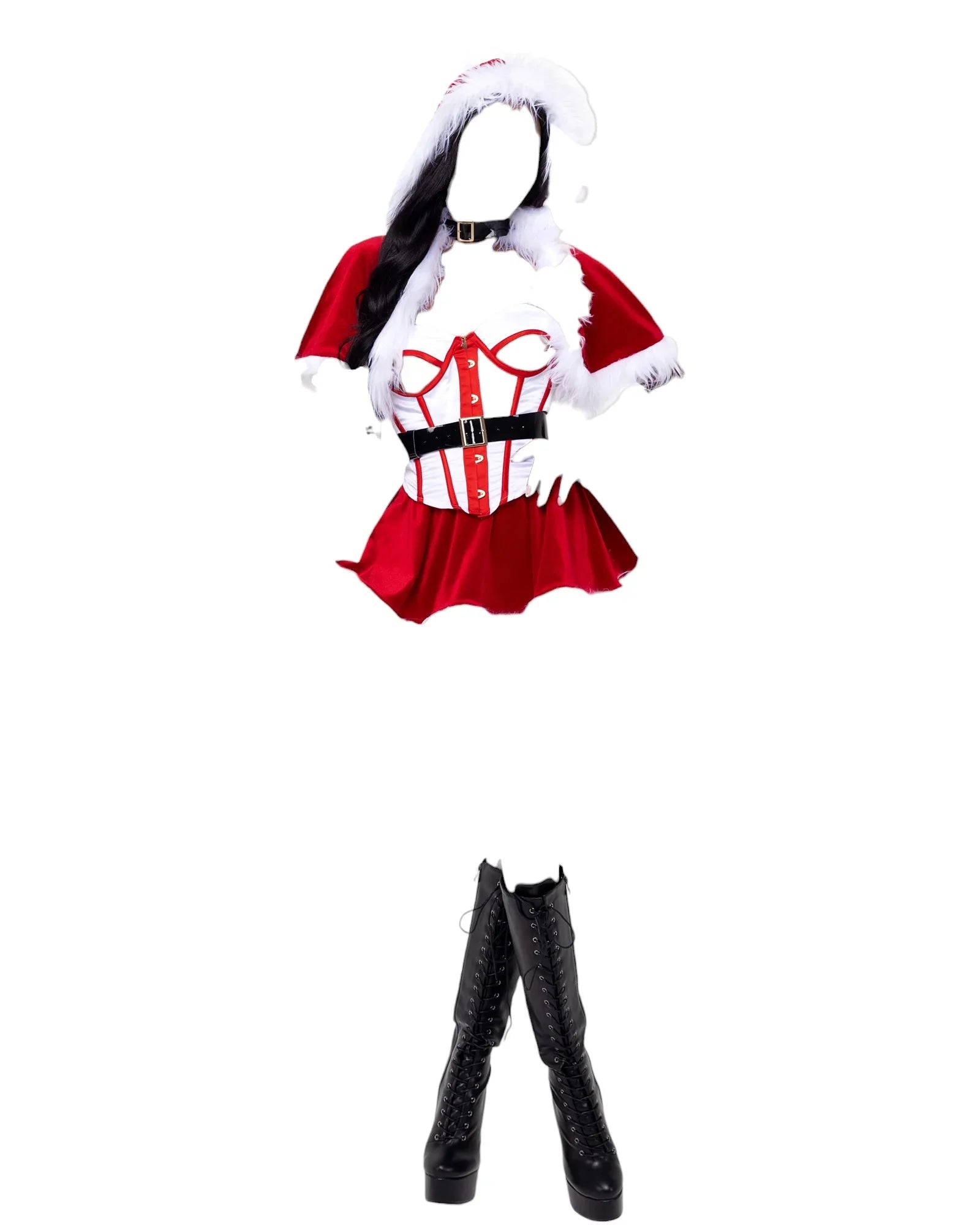 Roma Costume 4 PC North Pole Vixen Hooded Capelette with Underboob Corset Costume Red/White