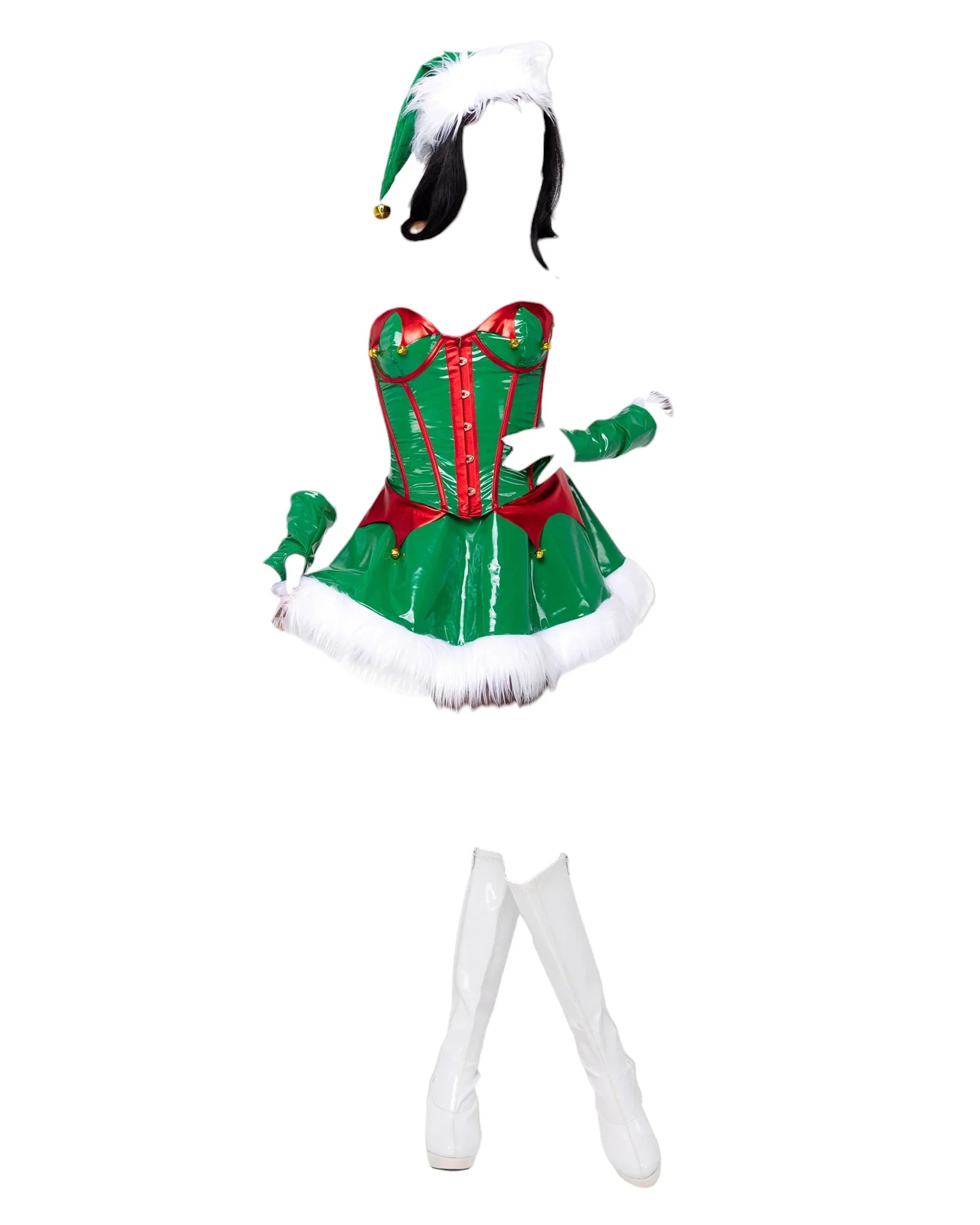 Roma Costume 2 PC Santa's Elf Vinyl Wetlook Corset and Skirt Green/White