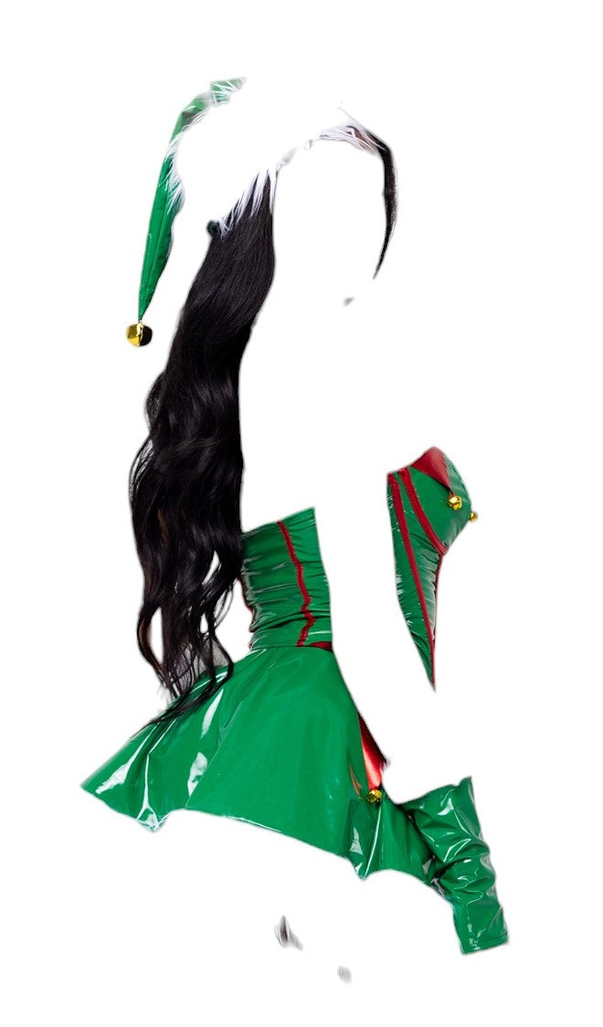 Roma Costume 2 PC Santa's Elf Vinyl Wetlook Corset and Skirt Green/White