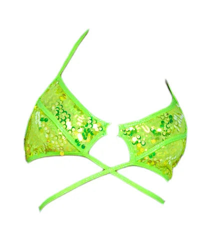 Roma Costume Sequin Criss Cross Top With Ring Hardware Neon Yellow