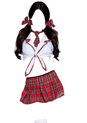 Leg Avenue 4 PC Miss Prep School Costume with Crop Tie Top & Skirt Red/White