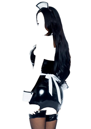 Leg Avenue 4 PC Naughty Maid Vinyl Wetlook Garter Dress with Apron Costume Black/White