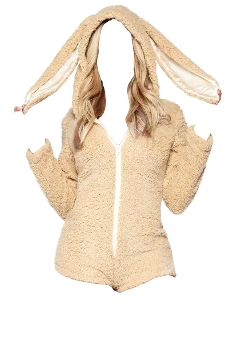 Leg Avenue Cuddle Bunny Ultra Soft Zip Up Teddy Romper with Bunny Ear Hood Beige