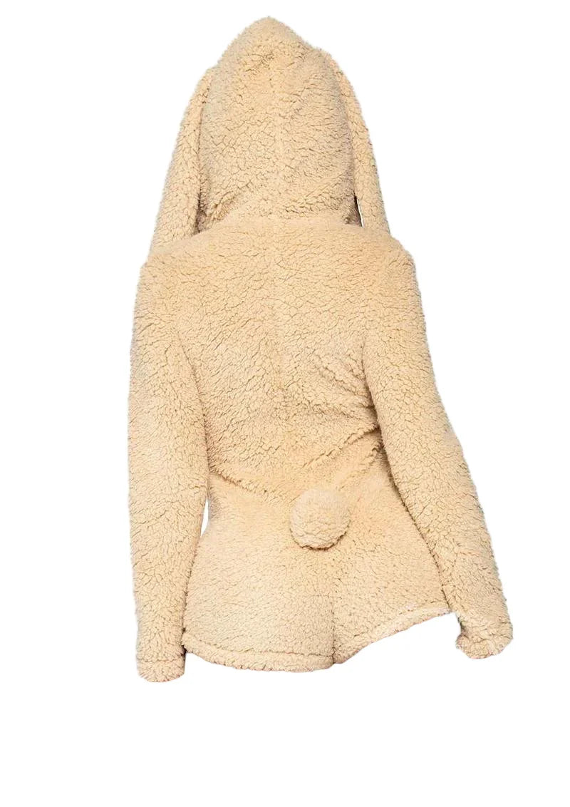 Leg Avenue Cuddle Bunny Ultra Soft Zip Up Teddy Romper with Bunny Ear Hood Beige
