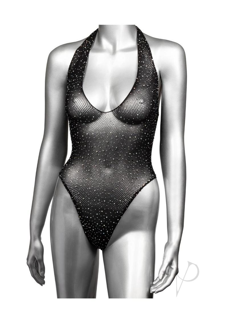 Radiance Deep V Body Suit with Rhinestone Dots Black