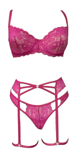 Escante 3 PC Underwire Cup Bralette with Garterbelt & Strappy Panty Pink