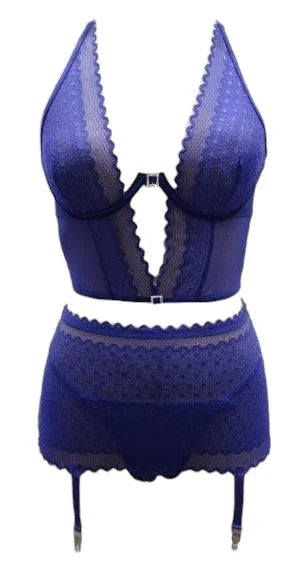 Escante 3 PC Underwire Cup Long Line Bra Set with Belted Garter Skirt & G-String Midnight Blue