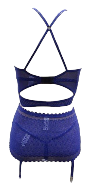 Escante 3 PC Underwire Cup Long Line Bra Set with Belted Garter Skirt & G-String Midnight Blue