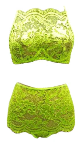 Escante 2 PC Scallop Lace Underwire Cup Bra Set with High Waisted Boy Shorts Lemon Lime