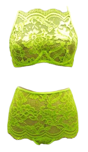 Escante 2 PC Scallop Lace Underwire Cup Bra Set with High Waisted Boy Shorts Lemon Lime