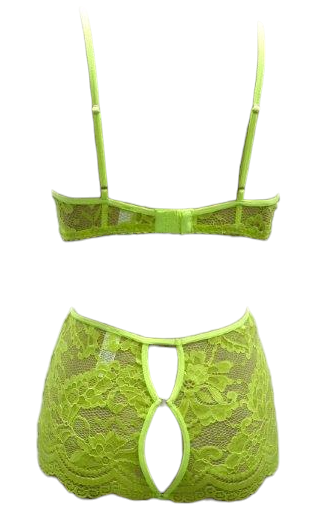 Escante 2 PC Scallop Lace Underwire Cup Bra Set with High Waisted Boy Shorts Lemon Lime