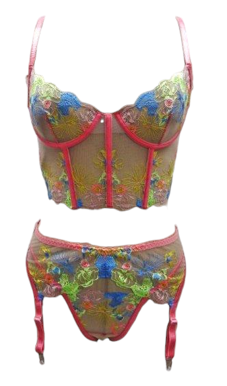 Escante 3 PC Embroidered Lace Underwire Cup Bra with Garterbelt & Strappy Panty Coral