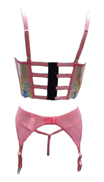 Escante 3 PC Embroidered Lace Underwire Cup Bra with Garterbelt & Strappy Panty Coral