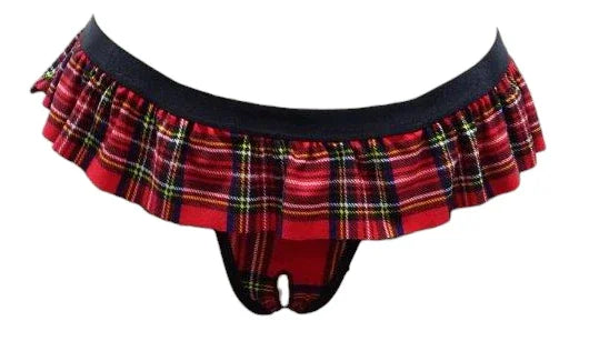 Escante Open Crotch School Girl Skirted Thong Red Plaid