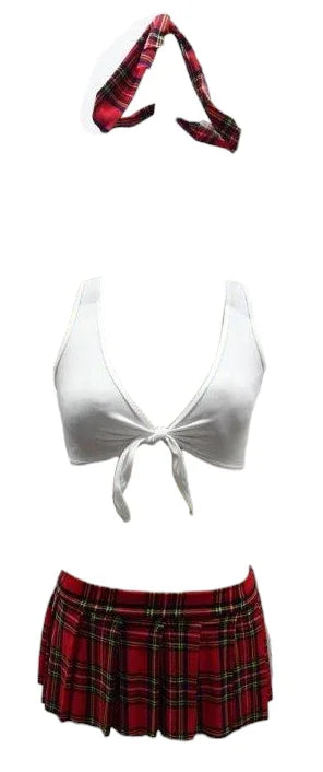 Escante Boxed 4 PC School Girl Set with Open Back Top & Mini Skirt White/Red Plaid One Size