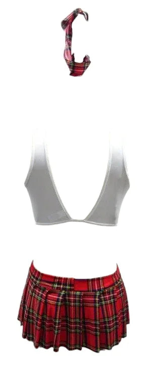 Escante Boxed 4 PC School Girl Set with Open Back Top & Mini Skirt White/Red Plaid One Size