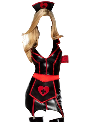 Leg Avenue 4 PC Naughty Nurse Zip Up Wet Look Garter Dress with Heart Apron Black/Red