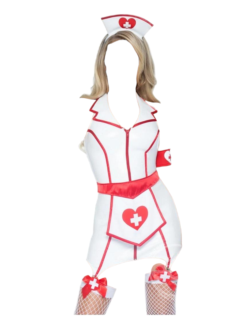 Leg Avenue 4 PC ER Hottie Vinyl Zip Up Garter Dress with Heart Apron White/Red