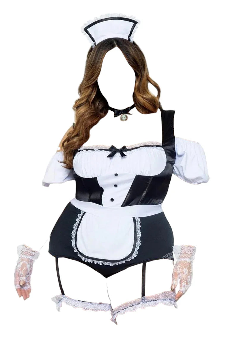 Leg Avenue Foxy Frenchie Garter Bodysuit with Attached Apron Black/White