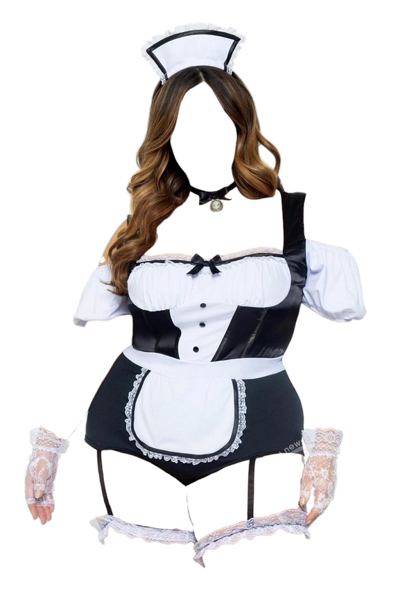 Leg Avenue Foxy Frenchie Garter Bodysuit With Attached Apron Black