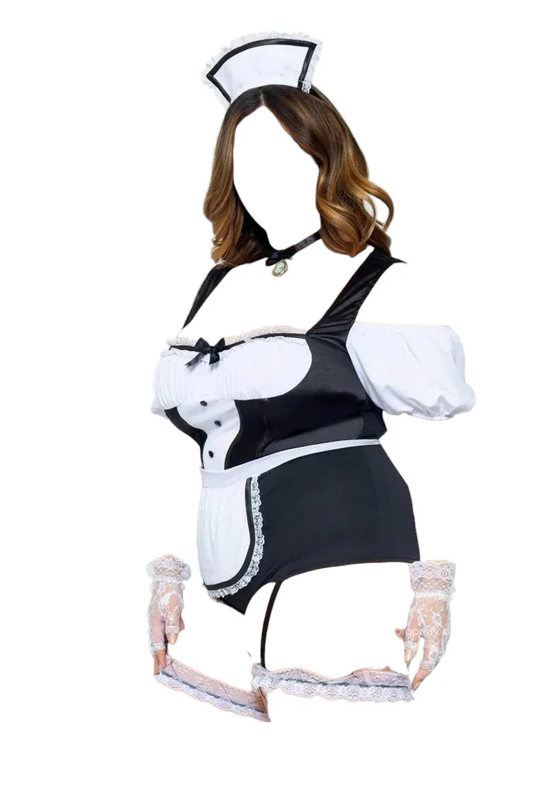 Leg Avenue Foxy Frenchie Garter Bodysuit with Attached Apron Black/White