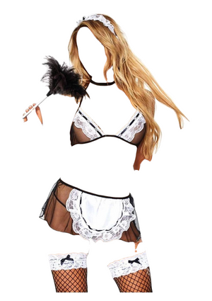 Leg Avenue 4 PC Flirty French Maid Lace Trimmed Sheer Bra Top with Apron Skirt & G-String Black/WhiteOne Size