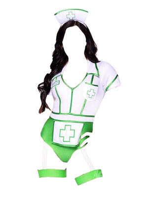 Leg Avenue 2 PC Nurse Feelgood Snap Crotch Garter Bodysuit with Apron Green/White
