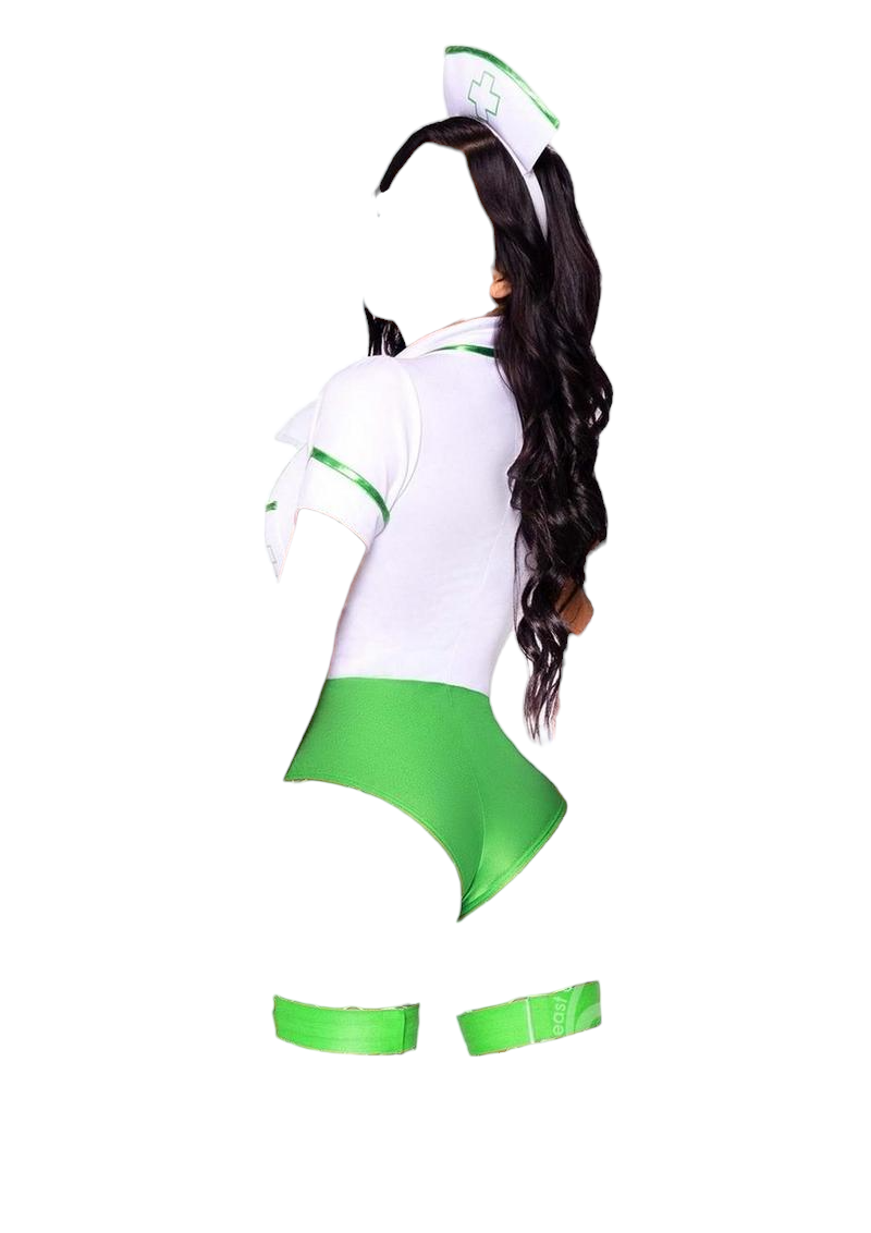 Leg Avenue 2 PC Nurse Feelgood Snap Crotch Garter Bodysuit with Apron Green/White