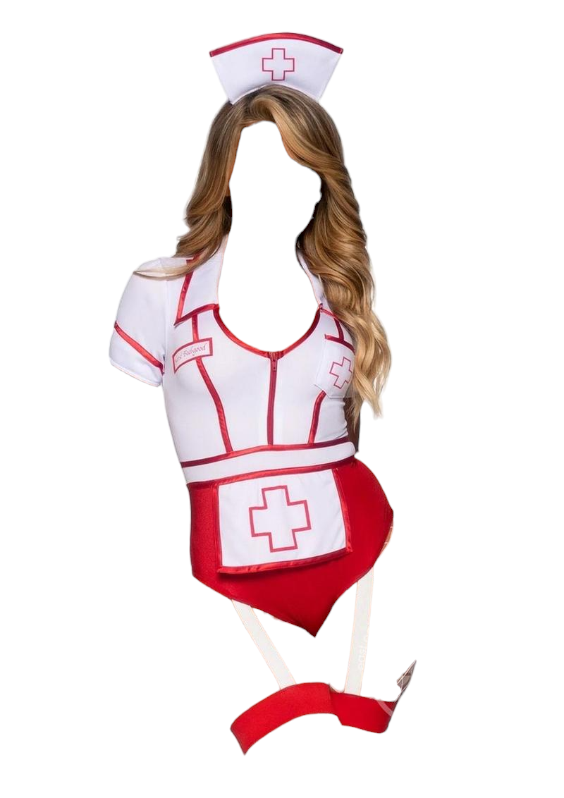 Leg Avenue 2 PC Nurse Feelgood Snap Crotch Garter Bodysuit with Apron Red/White