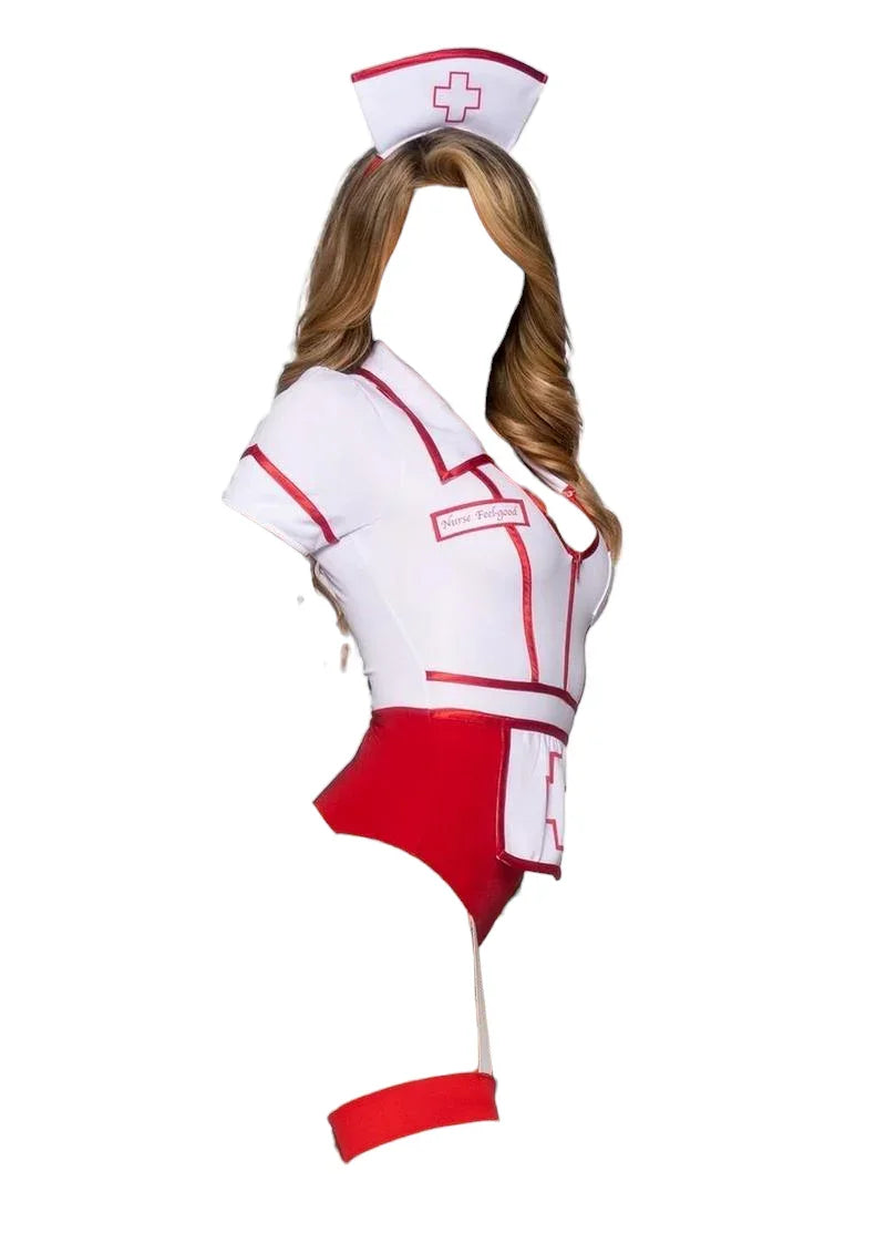 Leg Avenue 2 PC Nurse Feelgood Snap Crotch Garter Bodysuit with Apron Red/White