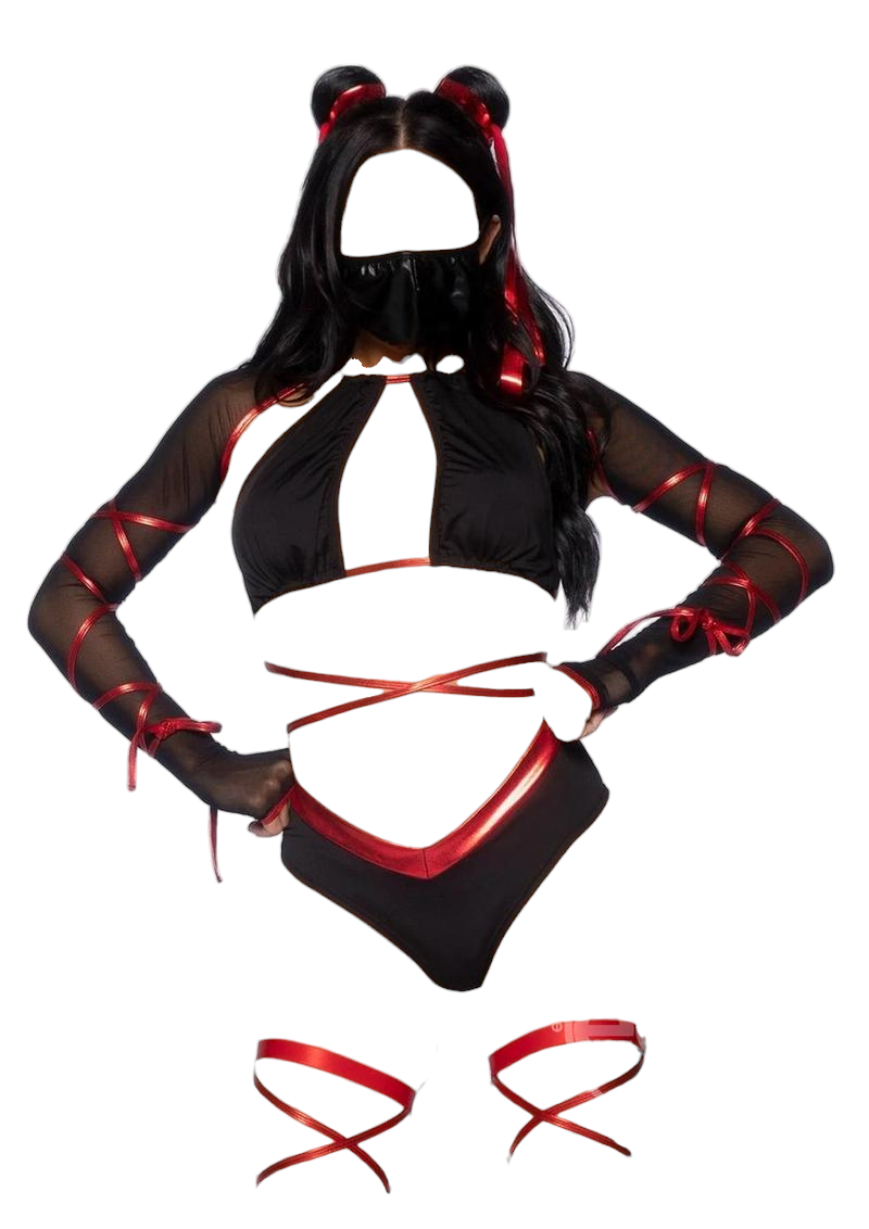 Leg Avenue 5 PC Lethal Ninja Strappy Wrap-Around Bra Top with V-Cut Bottoms & Leg Wraps Black/Red