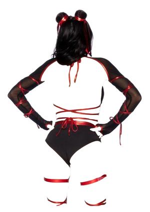 Leg Avenue 5 PC Lethal Ninja Strappy Wrap-Around Bra Top with V-Cut Bottoms & Leg Wraps Black/Red