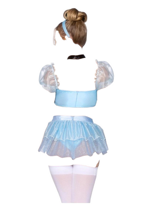 Leg Avenue Glass 4 PC Slipper Cinderella Boned Sweetheart Crop Top with Shimmer Sheer Skirt Blue