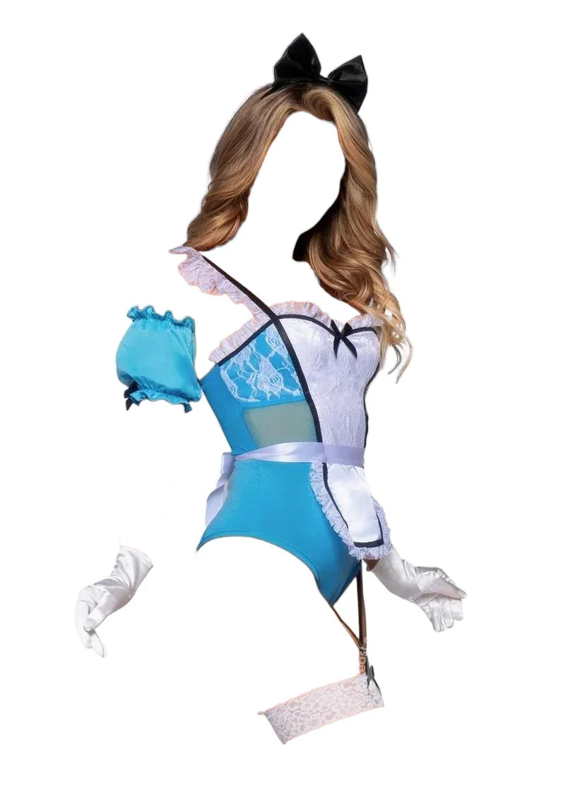 Leg Avenue 4 PC Curious Miss Alice Lace Trimmed Garter Bodysuit with Sheer Panels Blue/White