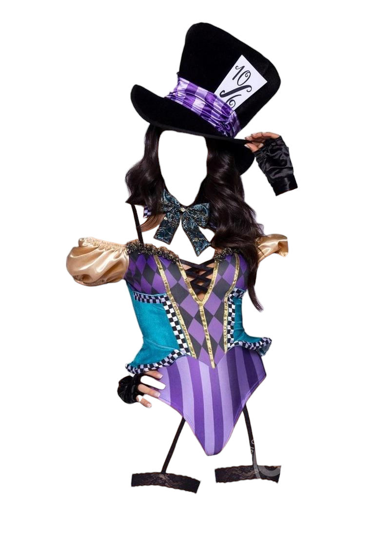 Leg Avenue Mischievous Mad Hatter 3 PC Garter Bodysuit with Strappy Deep-V and Puff Sleeves Multi-Color