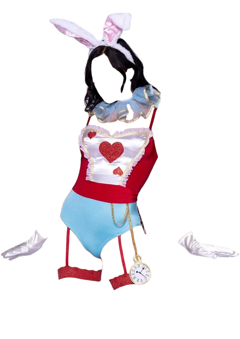 Leg Avenue 4 PC Wonderland White Rabbit Snap Crotch Garter Bodysuit with Glitter Heart Detail Blue/Red