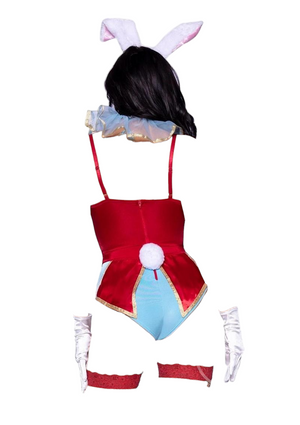 Leg Avenue 4 PC Wonderland White Rabbit Snap Crotch Garter Bodysuit with Glitter Heart Detail Blue/Red