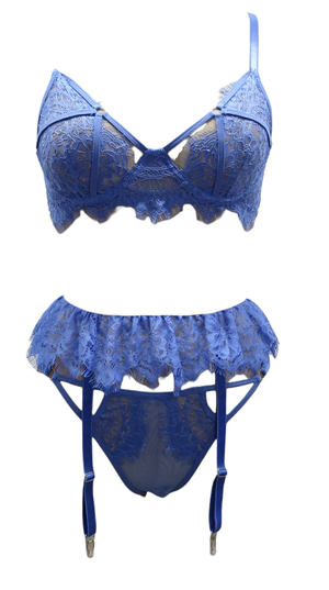 Escante 3 PC Eyelash Lace Underwire Cup Bra Set with Skirted Garterbelt & Strappy Panty Dusty Blue