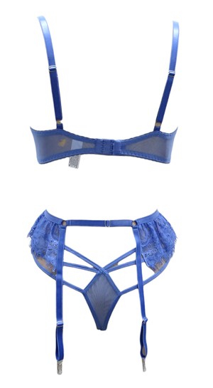 Escante 3 PC Eyelash Lace Underwire Cup Bra Set with Skirted Garterbelt & Strappy Panty Dusty Blue