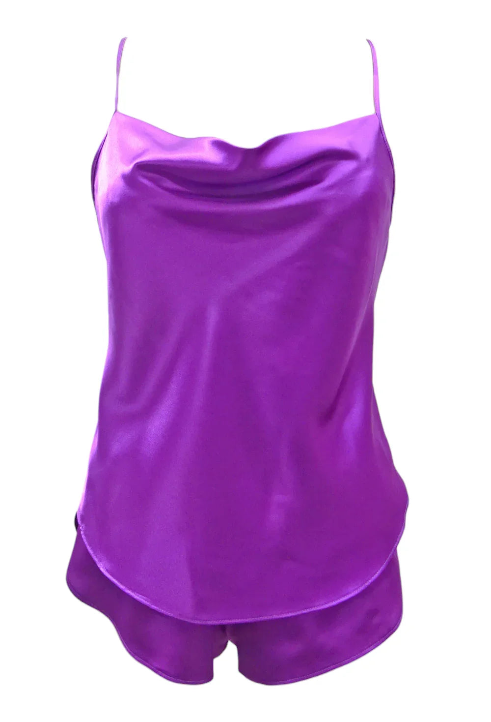 Escante Woven Satin Cowl Neck Cami Top with Matching Shorts Purple Magic