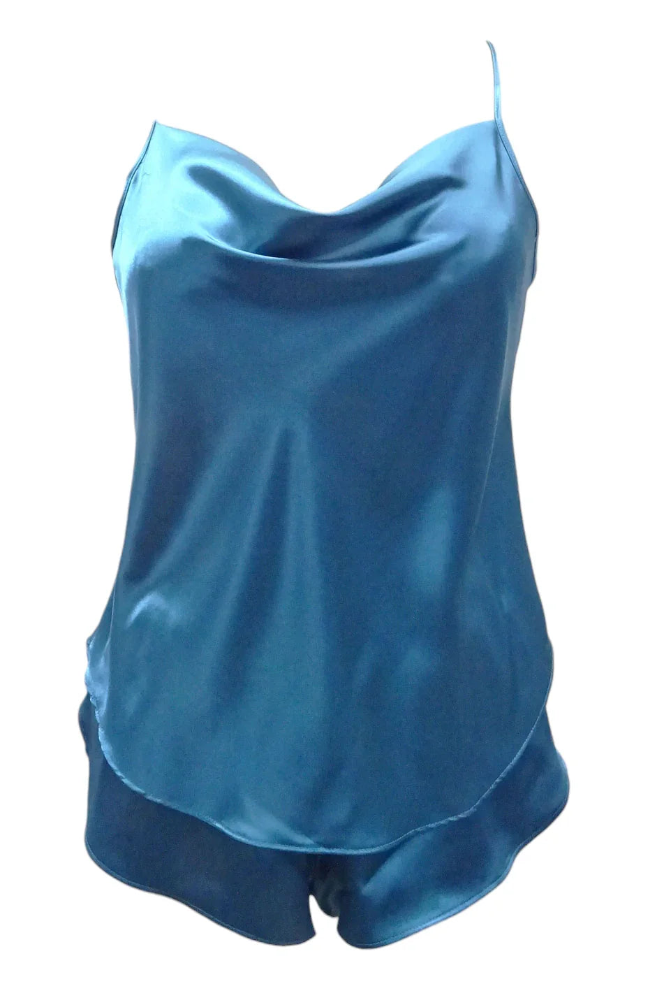 Escante Woven Satin Cowl Neck Cami Top with Matching Shorts Dark Teal
