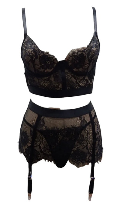 Escante 3 PC Eyelash Lace Underwire Cup Long Line Bra Set with Skirted Garterbelt & G-String Black