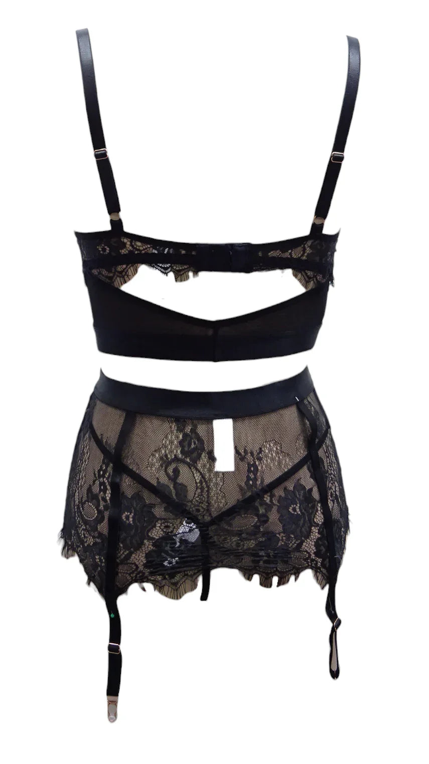 Escante 3 PC Eyelash Lace Underwire Cup Long Line Bra Set with Skirted Garterbelt & G-String Black