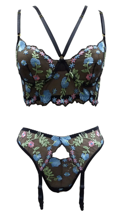 Escante 3 PC Emroidered Lace Underwire Cup Long Line Bra Set with Garterbelt & Panty Twilight Black