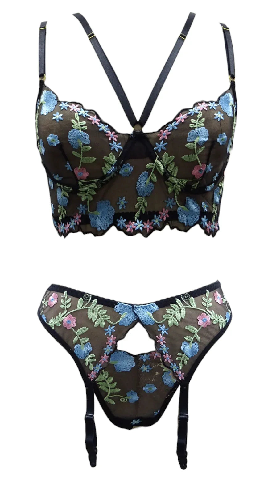 Escante 3 PC Emroidered Lace Underwire Cup Long Line Bra Set with Garterbelt & Panty Twilight Black